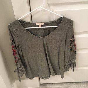 Skies Are Blue Black & White Striped V-Neck Top with Floral Sleeve Embroidery